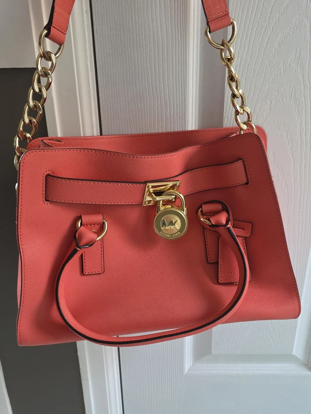 Like New- Michael Kors Coral Leather Satchel with Gold Hardware